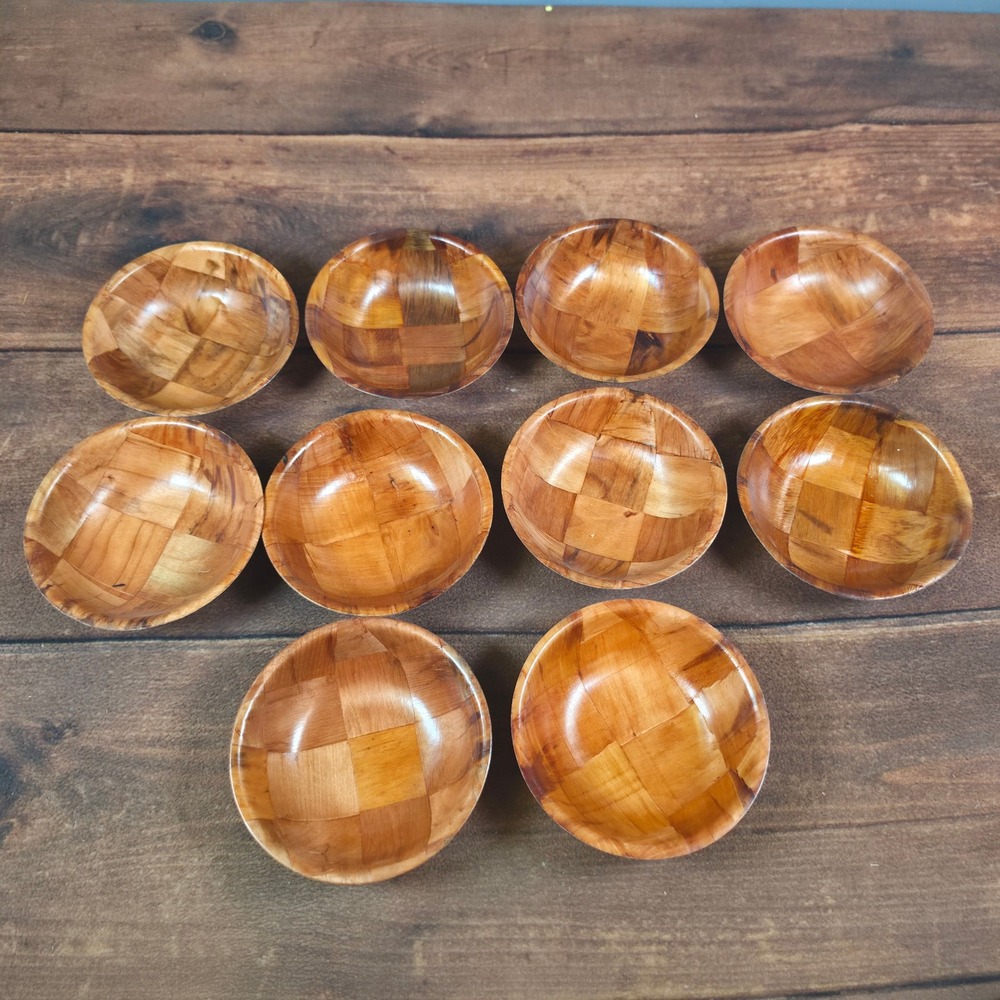Woven Wood Salad Bowls Set of 10 Brown Good Mid-Century Modern 6 Inch